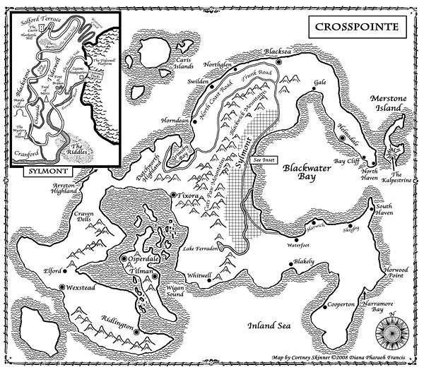 Commissioned by Roc/Penguin Books and the author, Diana Pharoah Francis, this map shows "The World of Crosspointe" a world of "high-stakes intrigue and adventure."